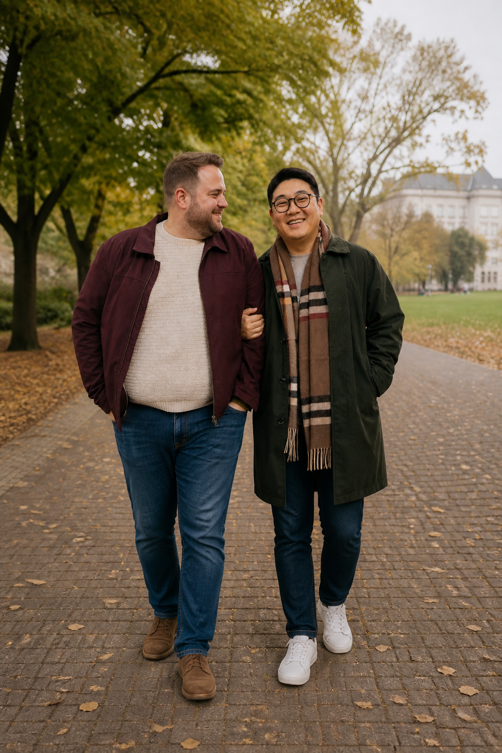 Dos hombres como pareja paseando juntos por un parque
